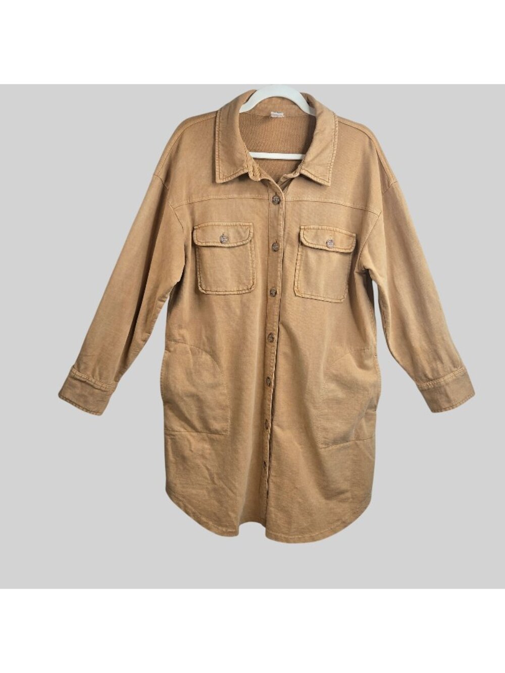Ivy Jane Shirt Jacket Dress Tan Cotton Long Sleeve Button Relaxed Lagenlook S/M